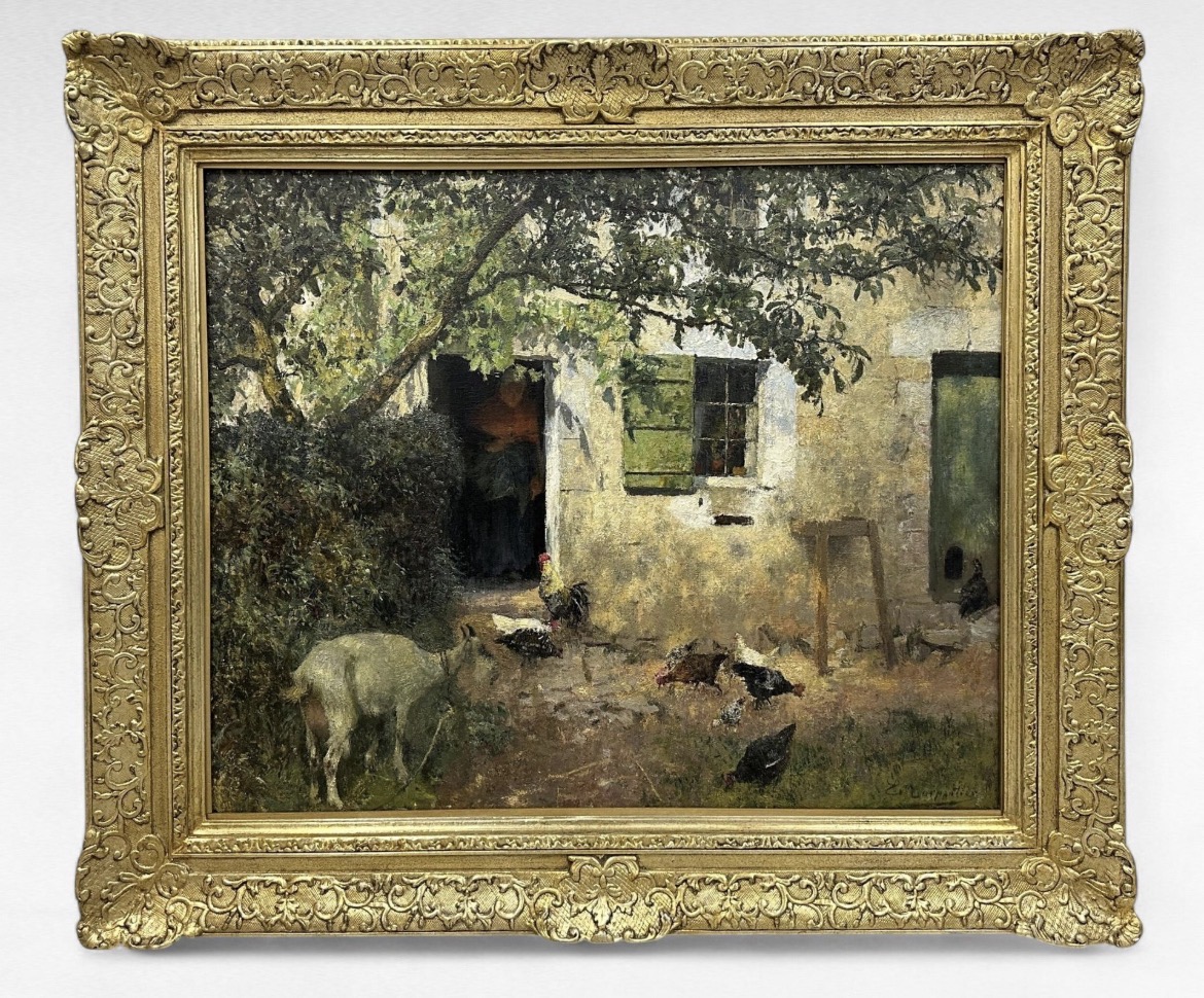 Évariste Carpentier, Ferme de Logne, le Patio aux poules: framed farmyard painting