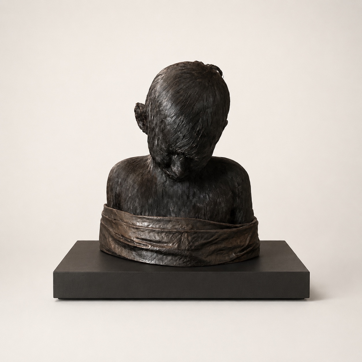 Figurative sculpture by Lucy Glendinning with bowed head and draped lower form