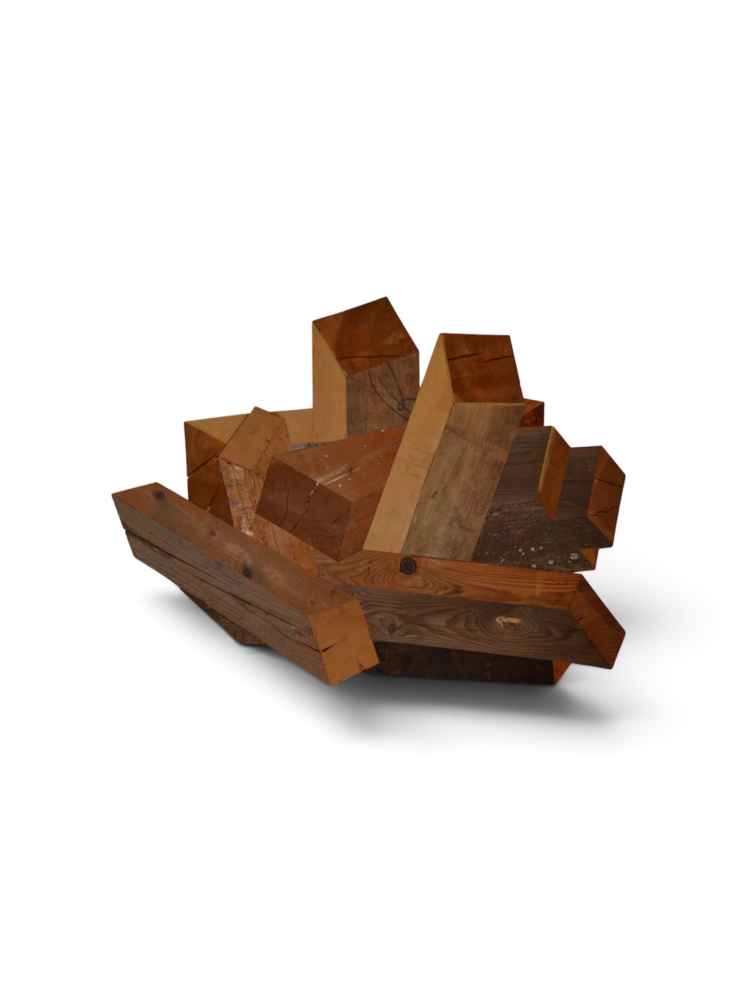 Robert Steng, wooden beam composition, work in wood against a white background