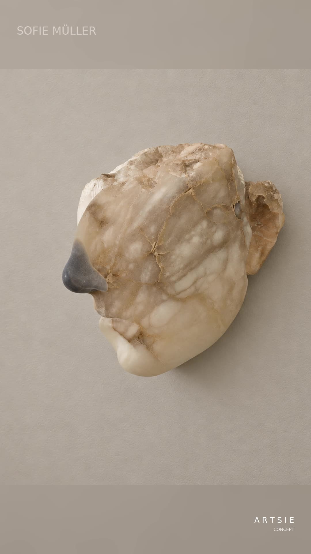 Alabaster face sculpture with blue-grey nose by Sofie Muller